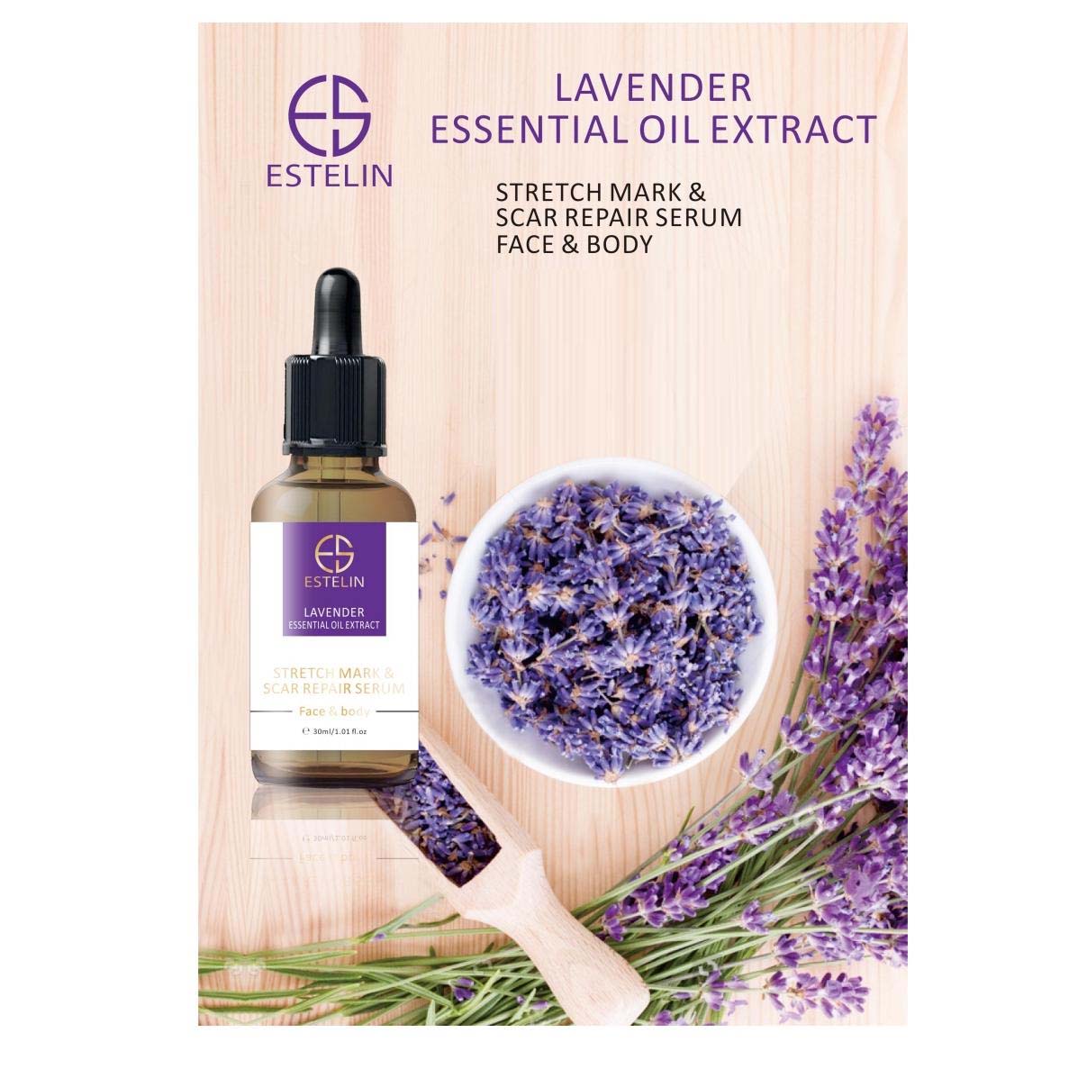 Estelin Lavender Essential Oil Extract Stretch Mark & Scar Repair Serum for Face & Body - 30ml